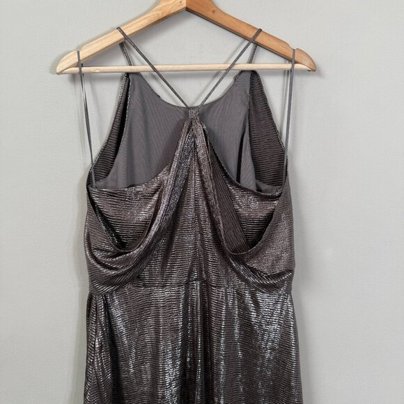 Halston Metallic Fit & Flare Midi Dress Women's 8 Gunmetal Silver Cocktail Party - Picture 9 of 14